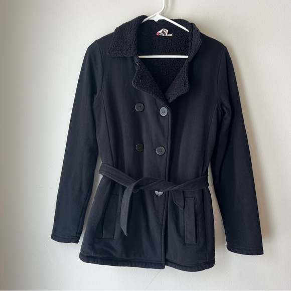ROXY Black Belted Peacoat Jacket Sherpa Lined Winter Coat medium Cozy Surf Style - Picture 1 of 6